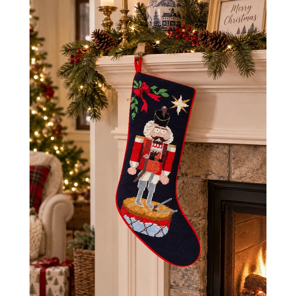 Vintage Christmas Stocking Navy Wool Needlepoint Nutcracker Soldier Drum Velvet